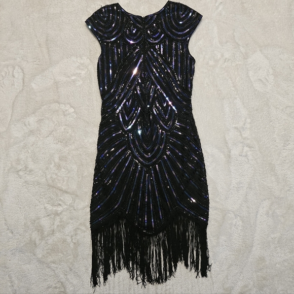 NEW Gatsby Black Sequin Dress Size S Party Fringe Retro Festive Beaded Bodycon - Picture 10 of 12